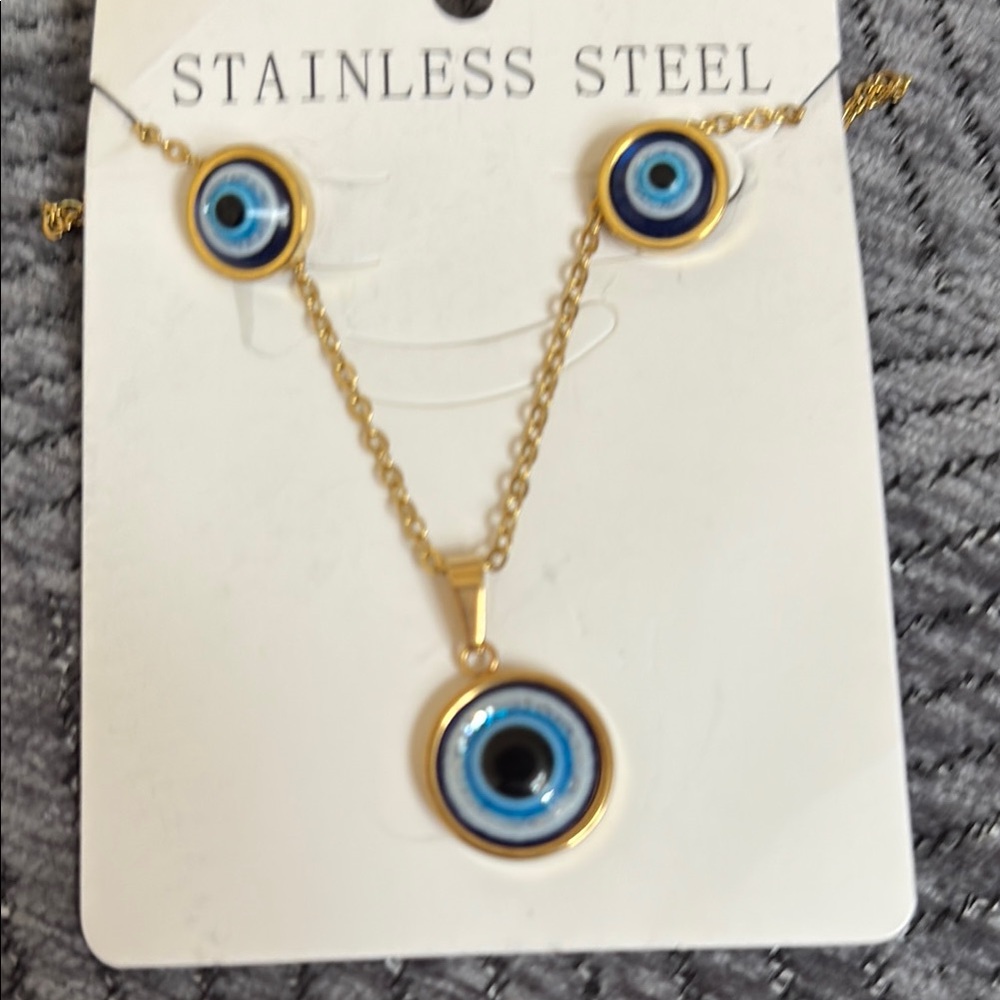 Gold and Blue Evil Eye Necklace and Earring Set